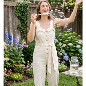 Anthropologie Cream Jumpsuit with Gold Buttons big belt